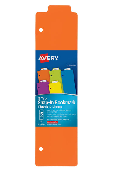 Avery Snap-in Bookmark Plastic Dividers for 3 Ring Binders, 5-Tab Set, Multicolor with White Labels, 1 Set (24908) 1 Pack